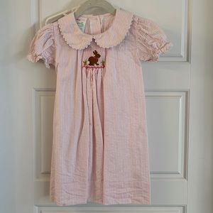 Pink & white stripe Easter dress with bunny smocking.